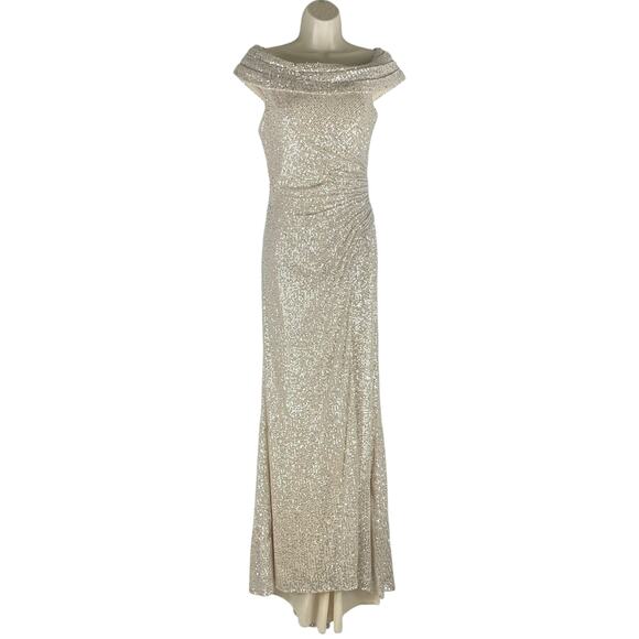 Ieena for Mac Duggal Sequined Drop Shoulder Evening Gown Nude Size 6 - Picture 4 of 14